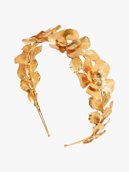 Jennifer Behr Rowena Headband gold flower headband on light gray background