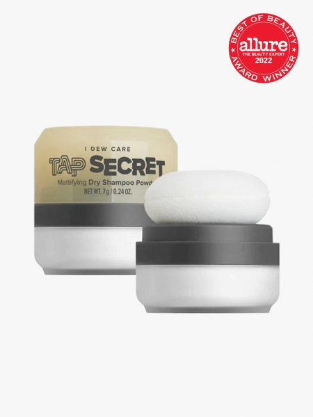 I Dew Care Tap Secret Mattifying Dry Shampoo Powder in branded tub component with best of beauty 2022 seal in the top right corner on a light gray background