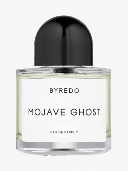 Byredo Mojave Ghost Eau de Parfum bottle of perfume with black bauble cap on light gray background